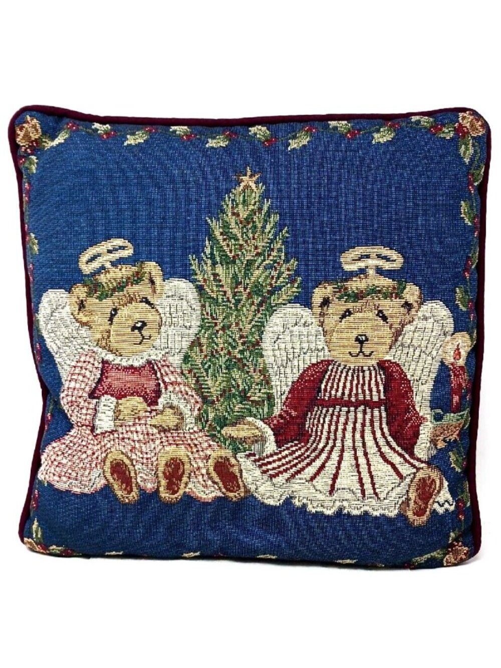Holiday Tapestry Throw Pillow Two Angel Bears Tree 17 Inch VTG #D8